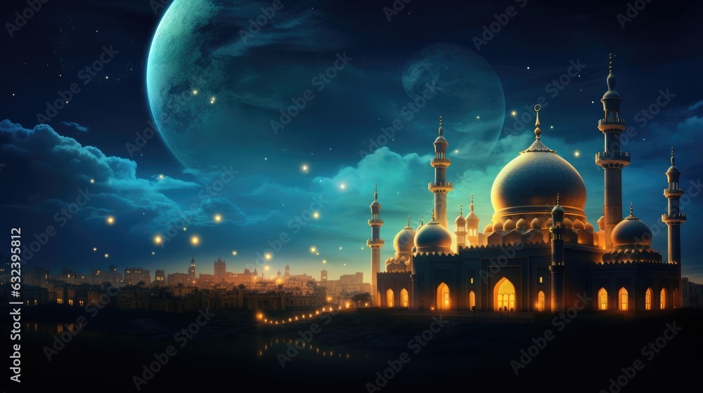 Ramadan Kareem background with mosque and moon, Eid greetings background, Mosque night view
