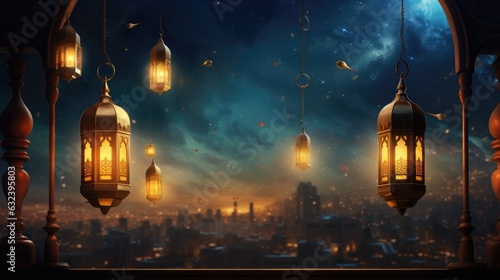 Ramadan Kareem background with mosque and moon, Eid greetings background, Mosque night view