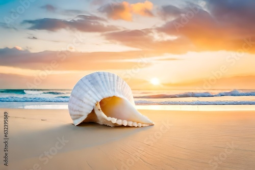big seashell on sandy tropical beach, sea or ocean in the background, beautiful sea landscape, tropical paradise created with generative ai technology