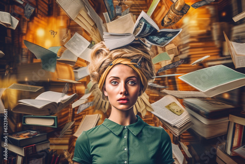 Tired woman with a stack of books, chaos of papers and clock on his head, Generative AI