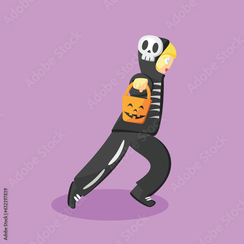 Child in Black Skeleton Outfit Costume Running, Cute Halloween Vector