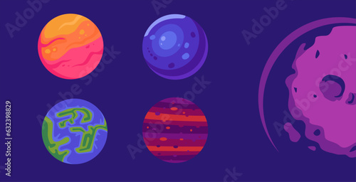 planet vector set, flat style design isolated on dark blue background 