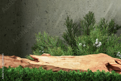 A log middle small plants and concrete wall. Abstract background for product presentation. 3D rendering