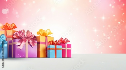 Pile of presents  gift boxes in pastel colors on pastel pink and blue background with bokeh and glitter