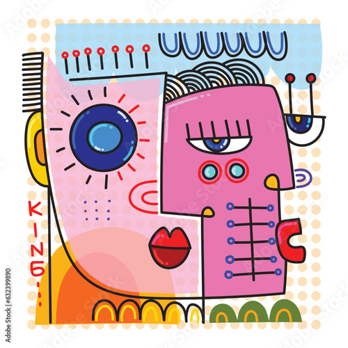 Abstract decorative couple face person hand drawn vector illustration. Lines, shapes, cubism colorful art design.