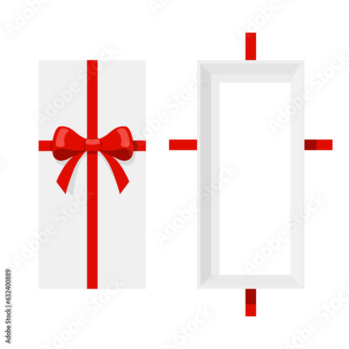 Open a long mystery gift box with a red ribbon on isolated white background. Random secret loot box top view concept. Vector illustration cartoon flat design.