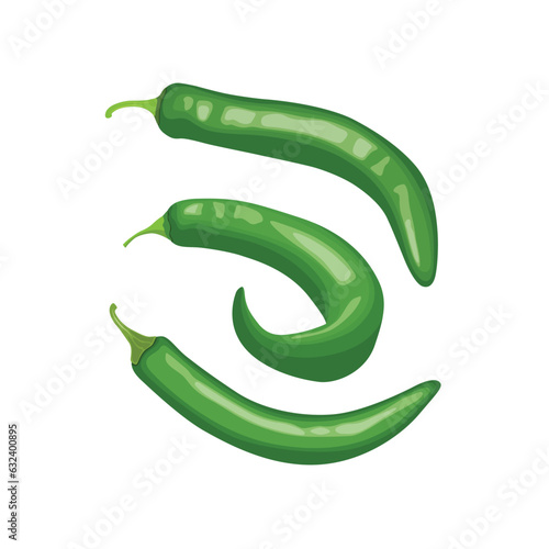 Vector illustration of green chili pepper realistic in flat cartoon style. Green hot chili pepper lay on white background with shadow for labels and logo design. Single or group chili pepper.