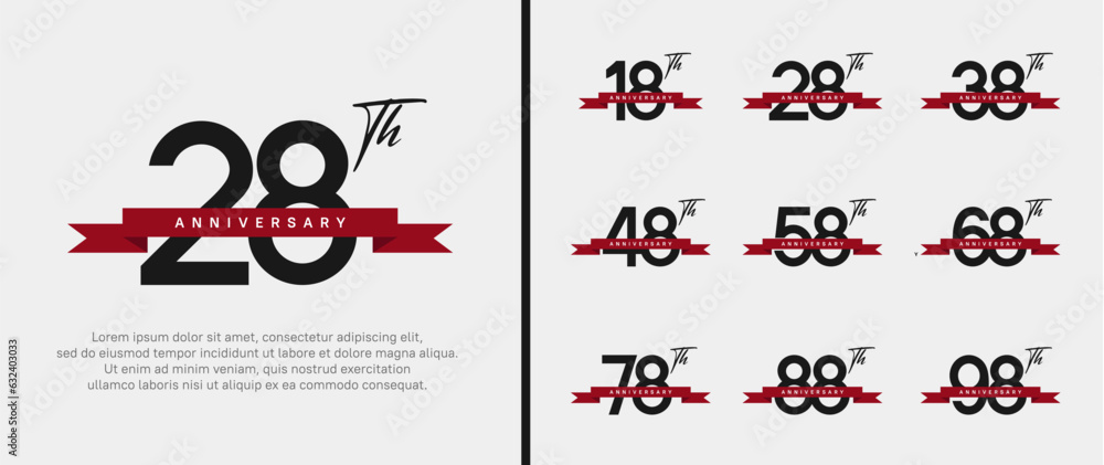 set of anniversary logo black color number and red ribbon on white background for celebration set of anniversary logo black color number and red ribbon on white background for celebration