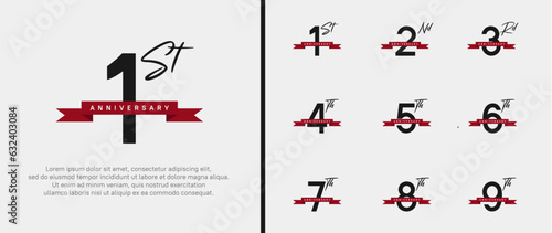 set of anniversary logo black color number and red ribbon on white background for celebration