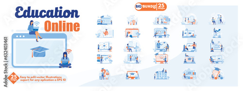 Education online concept illustration, collection of male and female business people scenes in the education online scene. mega set flat vector modern illustration