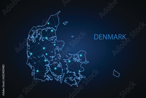 Map of Denmark. Wire frame 3D mesh polygonal network line, design sphere, dot and structure. Vector illustration eps 10.