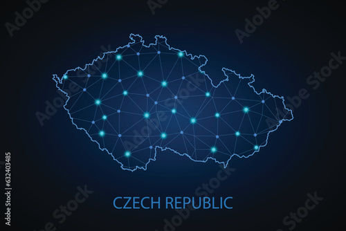 Abstract mesh line and point scales on dark background with Map of Czech Republic. Wire frame 3D mesh polygonal network line, design sphere, dot and structure. communications map of czech Republic.