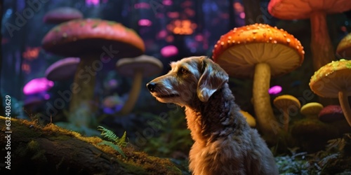 dog at mushroom in the forest