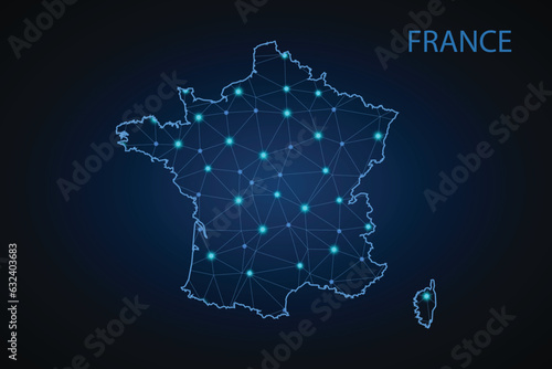 Map of France. Wire frame 3D mesh polygonal network line, design sphere, dot and structure. Vector illustration eps 10.