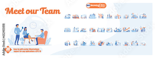 Meet our team concept illustration, collection of male and female business people scenes in the meet our team scene. mega set flat vector modern illustration