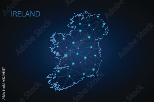 Map of Ireland. Wire frame 3D mesh polygonal network line, design sphere, dot and structure. communications map of Ireland. Vector Illustration EPS10.