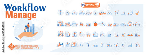 Workflow manage concept illustration, collection of male and female business people scenes in the workflow manage scene. mega set flat vector modern illustration