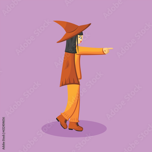 Girl in Orange Witch Outfit Costume, Cute Halloween Vector