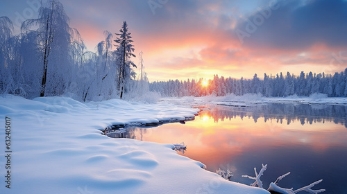 winter landscape with beautiful sunset. taganay national park chelyabinsk photo