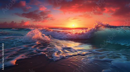 wonderful sunset and gentle wave at the shallow beach photo