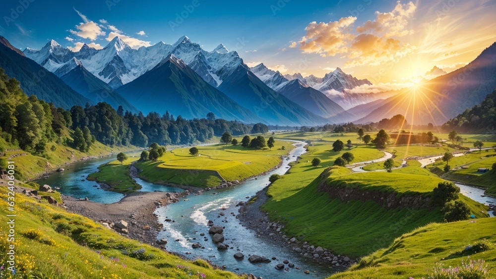 Fototapeta premium Mountain landscape with river and snow-capped peaks at sunrise