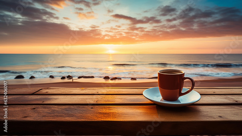 coffee cup on wood table at sunset or sunrise beach