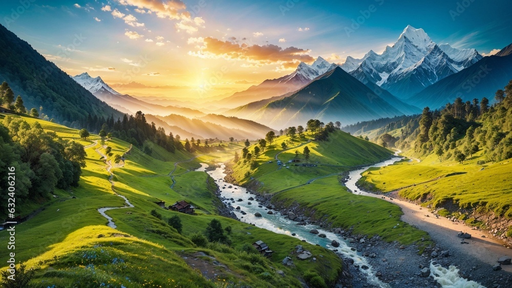 Mountain landscape with river and snow-capped peaks at sunrise