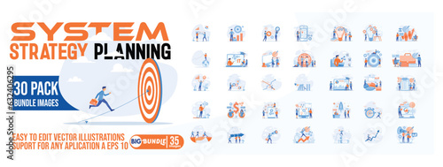 System strategy planning concept illustration, collection of male and female business people scenes in the system strategy planning scene. mega set flat vector modern illustration