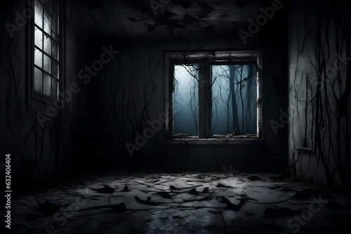 Abstract horror background for halloween. Gloomy scary terrible window with ghostly light and shadows in a dark black room in the attic  corridor or basement in an abandoned house in the forest 3d ren