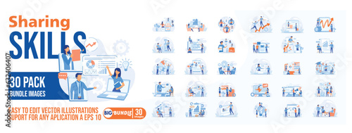 Sharing skills concept illustration, collection of male and female business people scenes in the sharing skills scene. mega set flat vector modern illustration