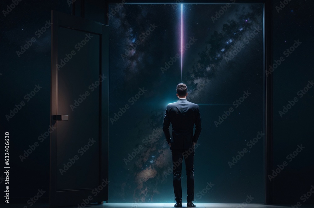 Businessman standing in front of opened door with sky and stars background Businessman standing in front of opened door with sky and stars background