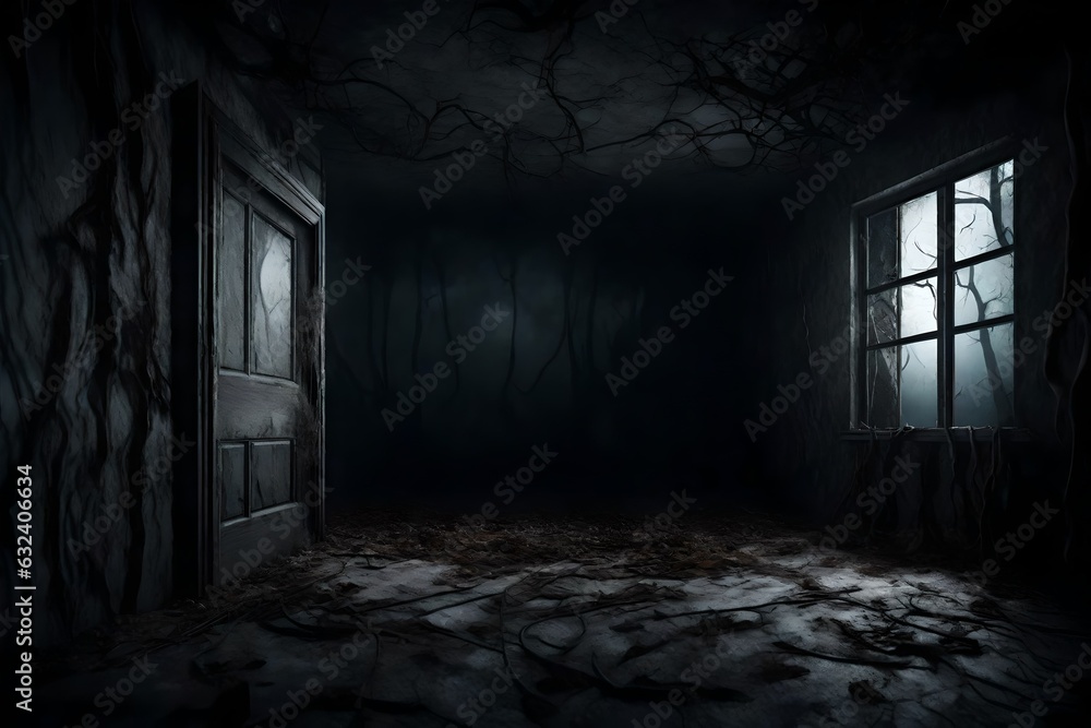Abstract horror background for halloween. Gloomy scary terrible window with ghostly light and shadows in a dark black room in the attic, corridor or basement in an abandoned house in the forest 3d ren - obrazy, fototapety, plakaty 