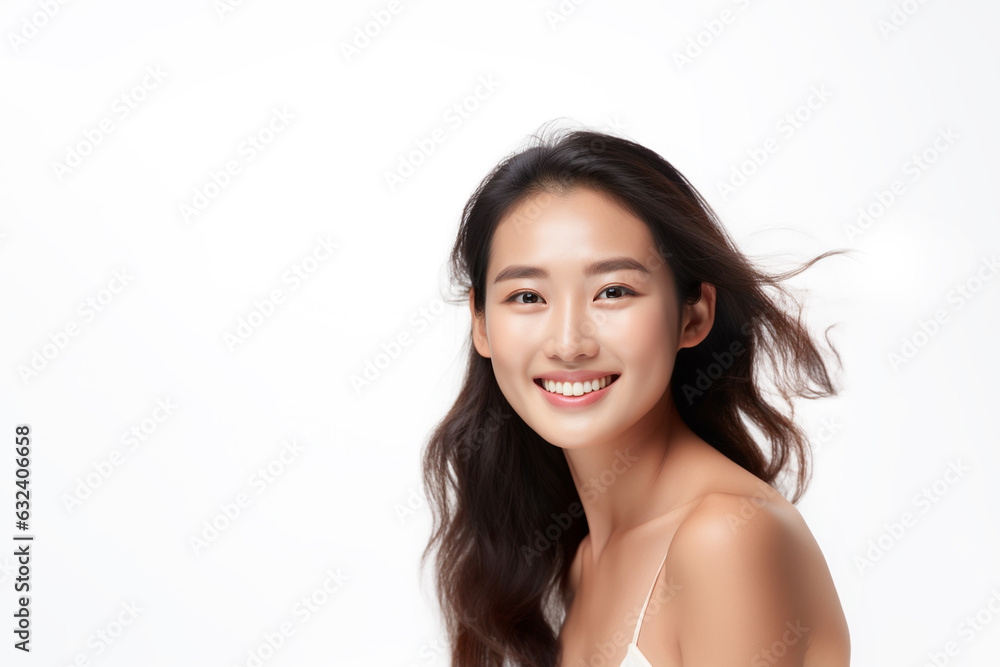 Portrait of a smiling Asian woman standing and looking at the camera with a white background. Generated with AI. Portrait of a smiling Asian woman standing and looking at the camera with a white background. Generated with AI.