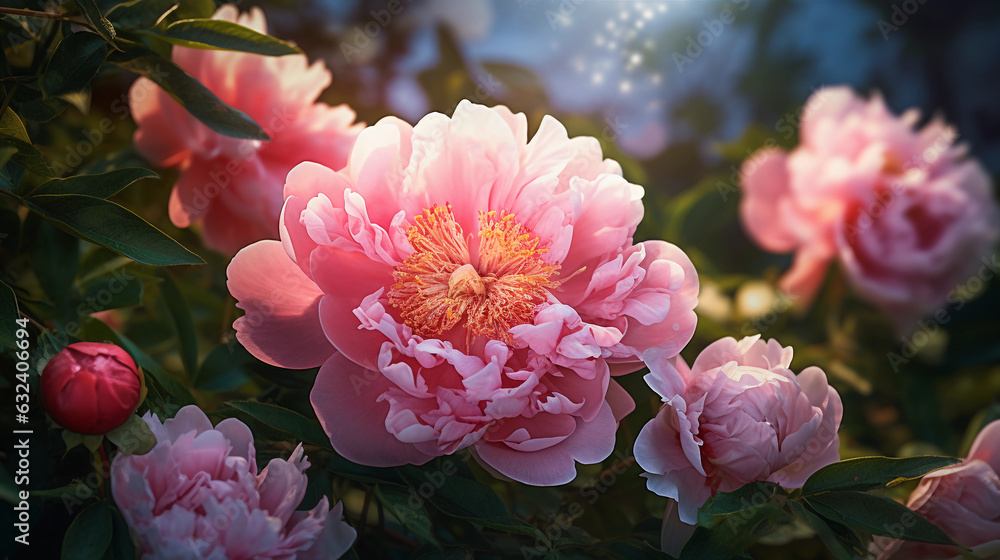 Fototapeta premium Peony Garden Radiance. Radiant peony flowers amidst lush foliage. creating a scene of radiance in a spring garden. Generative ai