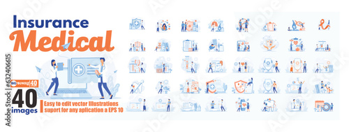 Insurance medical concept illustration, collection of male and female business people scenes in the insurance medical scene. mega set flat vector modern illustration