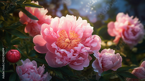 Peony Garden Radiance. Radiant peony flowers amidst lush foliage. creating a scene of radiance in a spring garden. Generative ai