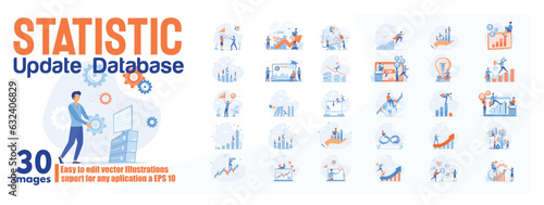 Statistic update database concept illustration, collection of male and female business people scenes in the statistic update database scene. mega set flat vector modern illustration