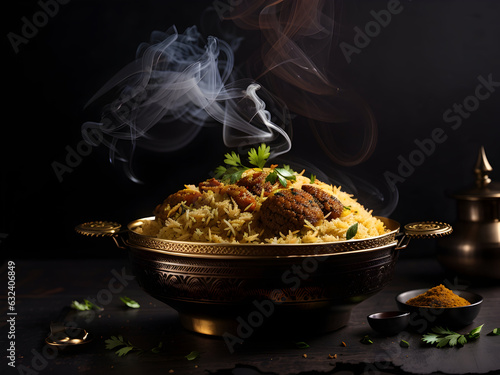 dish of biryani with smoke on dark background.