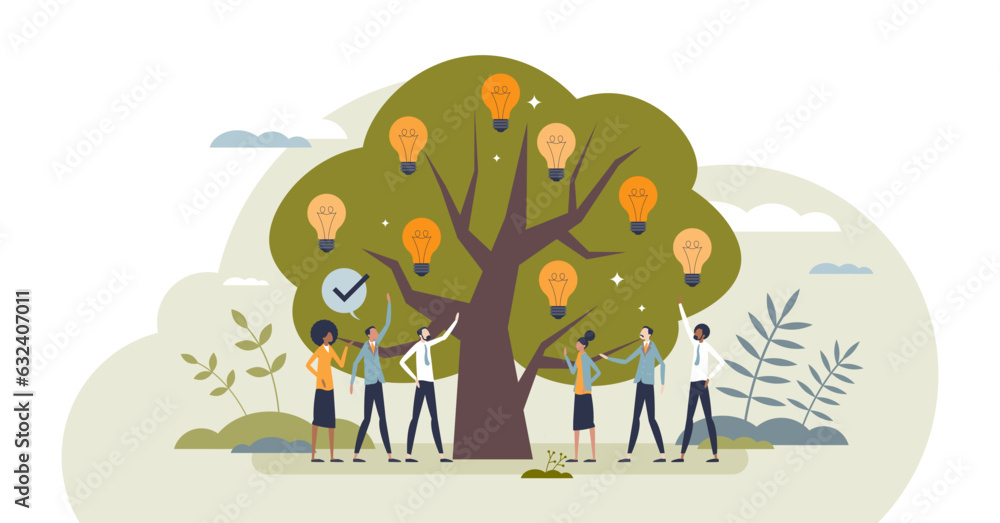 Green innovations in business as tree with creative ideas tiny person concept, transparent background. Environmental company brainstorm. Green innovations in business as tree with creative ideas tiny person concept, transparent background. Environmental company brainstorm.