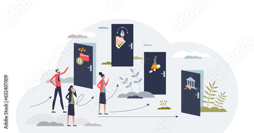 Employment solutions and career choice possibility tiny person concept, transparent background. Open doors with various different study branches for life decisions illustration.