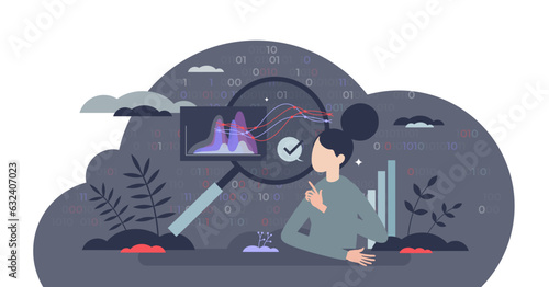 Data science with information research and learning tiny person concept, transparent background. Big data computing, analysis and visualization to graph illustration.