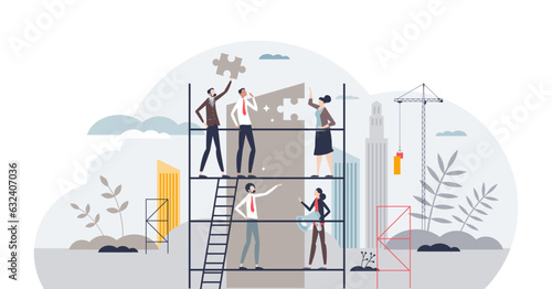 Change management and business transformation process tiny person concept, transparent background.Company evolution with teamwork and effective problem solving illustration.