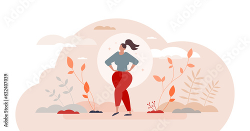 Body positive attitude for female with wide hips figure tiny person concept, transparent background. Confidence and self appreciation to respect yourself and be proud of shape illustration.