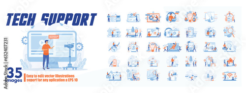 Tech support concept illustration, collection of male and female business people scenes in the tech support scene. mega set flat vector modern illustration