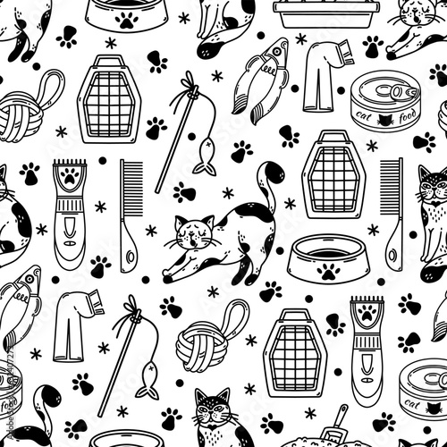 Cute cats and accessories seamless vector pattern. Goods for kittens - food, toy, paw print bowl, shaver, litter box tray. Veterinary and grooming. Black and white background for poster, pet shop, web