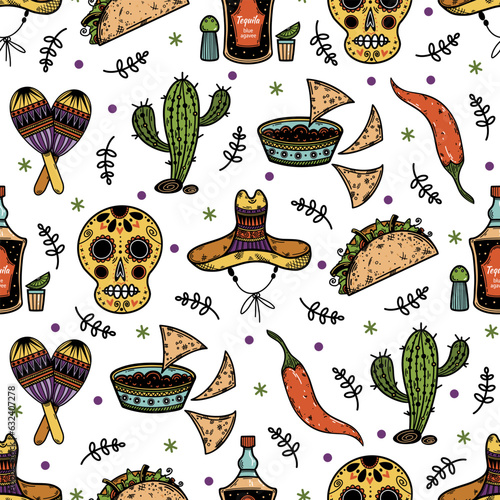 Mexico seamless vector pattern. Holiday symbols of the Day of the Dead, Cinco de Mayo - sugar skull, cactus, sombrero, maracas, tequila, nachos. Background for the Dia de los Muertos. For print, cards