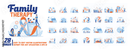Family therapy concept illustration, collection of male and female business people scenes in the family therapy scene. mega set flat vector modern illustration