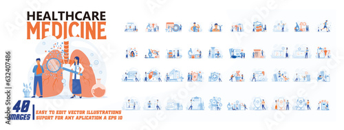 Healthcare medicine concept illustration, collection of male and female business people scenes in the healthcare medicine scene. mega set flat vector modern illustration