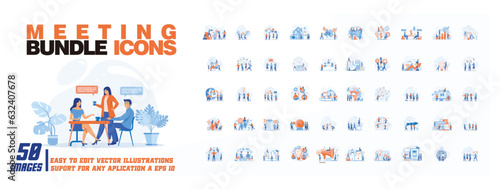 Meeting bundle icons concept illustration, collection of male and female business people scenes in the meeting bundle icons scene. mega set flat vector modern illustration