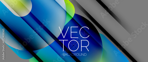 Dynamic bright colorful geometric elements with fluid gradients, lights, shadows blend in a minimal backdrop, creating captivating composition